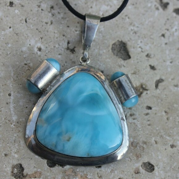 Rare High Quality Aqua Blue Larimar Stone Sterling Silver Pendant Cord Necklace - Picture 3 of 7